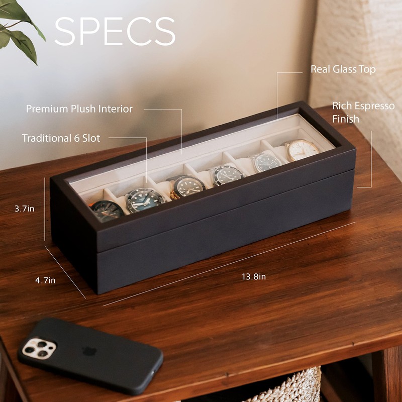 CASE ELEGANCE Solid Espresso Wood Watch Box Organizer with Glass