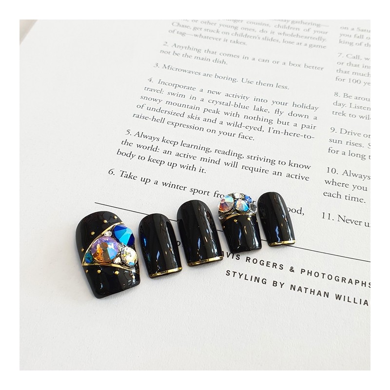 Gold Line Black Handmade Nail Tips - Almond / 골드라인