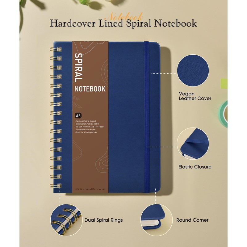 Lined Spiral Journal Notebook, A5 Hardcover Spiral Journals for Women