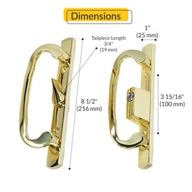 Brixwell Patio Door Handle with Adjustable Center Latch, 3-15/16" Center-to-Center, 8-1/2" Height, with Key, Brass Plated Finish, Residential Exterior and Interior Use, Includes Mounting Hardware