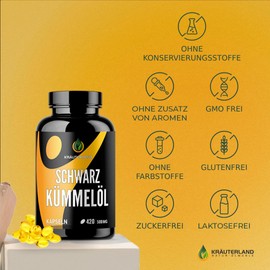 Kräuterland 420 Black Cumin Oil Capsules High Dose (Nigella Sativa) Cold Pressed and Filtered 1000 mg Daily Dose German Premium Quality