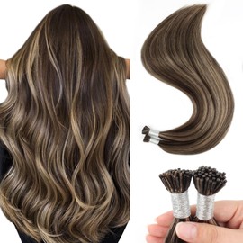 Sixstarhair I Tip Hair Extensions Chocolate Brown Highlighted Caramel Blonde Color 4/27 Cold Fusion Human Hair Extensions 50g/Pack Keratin Hair Extensions 18 Inch Itips Hair Extensions 50Strands