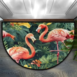 Half Round Door Mat, Non-Slip Entrance Welcome Mat for Indoor Semi Circle Bathroom Floor Rugs Outdoor Mats House Entry Way Heavy Duty Doormat for Kitchen Living Room 36x24 Inch, Flamingo Summer