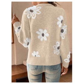 SHENHE Women's Floral Print Button Down Cardigan V Neck Drop Shoulder Knit Outerwear, Light Khaki, X-Large