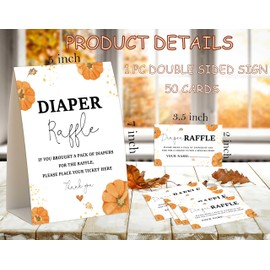 Baby Shower Games - Little Pumpkin Diaper Raffle, 1 Sign and 50 Diaper Raffle Tickets, Gender Reveal Game, Fall Baby Shower Decoration Supplies (RNB05)