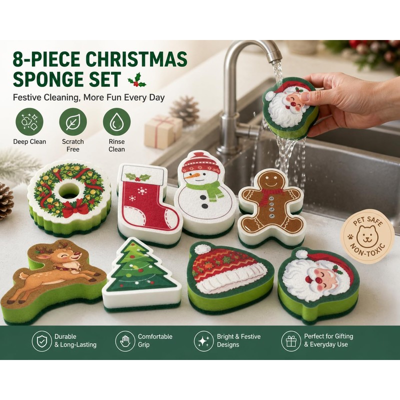 8Pcs Christmas Sponges Xmas Cute Kitchen Sponge Household Cleaning Sponges