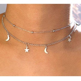 Yheakne Boho Star Moon Collar Silver Layered Star Collar Crescent Moon Necklace Celestial Necklace Chain Festival Jewellery for Women and Girls (Silver)