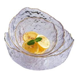 Coolcapis 3 pcs Glass Salad Bowls with Gold Trim and Wavy Edge. Vintage Textured Cleared Hemmered Glass Salad Serving Bowl Set. Fruits Icecream Snacks