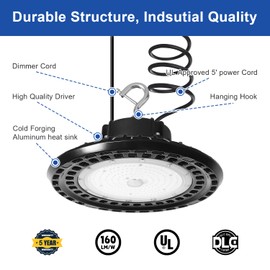 480V 240W UFO LED High Bay Light, 38400LM(160lm/w) 5000K High Bay LED Shop Light (1000W MH/HPS Equiv.), 1-10V Dimmable Commercial Bay Shop Lighting with 5' Cable, 277-480V IP65 DLC & ETL Certified