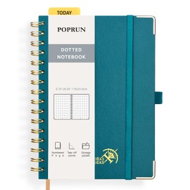 POPRUN Spiral Bullet Dotted Journal Notebook, [A5 Size] - 120 Gsm Thick Paper, 144 Numbered Pages, Wirebound Notepad for Men & Women with Pocket, Index Tabs, 8 Perforated Sheets, Pacific Green