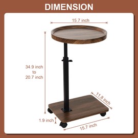 FRWXUIEO Adjustable C Table End Table, Side Table C Table with Wheels,360° Rotatable (20.7-34.9inches) Height Adjustable for Sofa/Bed/Bathtub, Walnut Wood & Black