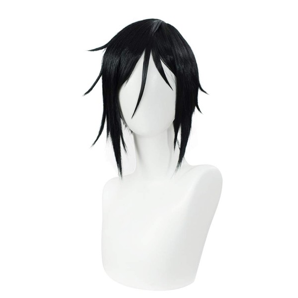 LABEAUTÉ Anime Short Straight Black Wig with Bangs for Male Mens Spiky Cosplay Wig for Halloween + Free Cap