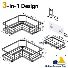 YASONIC Shower Caddy Corner, 3-Pack Adhesive Rustproof Stainless Steel Shower Shelves with Soap Holder, No Drilling Shower Organizer Corner for Dorm, Renters Bathroom, Black