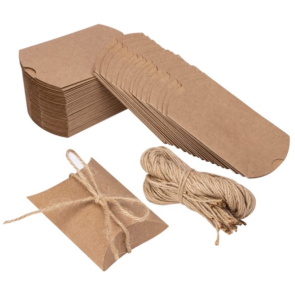 Dorkis 100 Piezas Kraft Paper Pillow Candy Box, Cajas de Almohada, Cajas de Almohada de Papel Kraft + 100 Cuerda de Yute