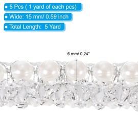 PATIKIL 5 Yard Faux Pearls Lace Ribbon, 0.59" Wide Pearl Bead Lace Trims Faux Pearl Embroidered Pearl Fringe Applique with Silver Fringe Trims for Wedding Sewing Craft DIY, White