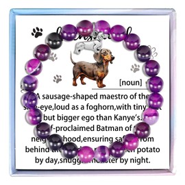 Fullrainbow Dachshund Gifts for Women: Dachshund Bracelet, Purple, Middle, Stretch, Toggle Clasp, Round Beads, Bead Chain, 6.8-7.5 inches