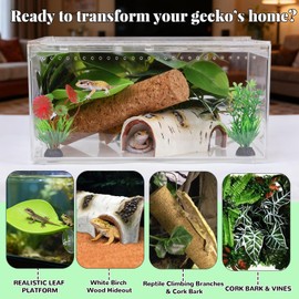 Crested Gecko Tank Accessories, Reptile Decor,Reptile Hanging Plants Vines with Coconut Shell Ladder Hideout Hermit Crab Decor for Lizard, Chameleon Cage, Snakes, Hermit Crab, Leopard Gecko (Decor-1)