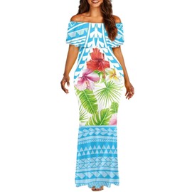 Guosanchn Polynesian Dresses for Women Hawaiian Outfits Hibiscus Off Shoulder Maxi Dresses Ladies Elegant Bodycon Tank Dresses Casual Beach Dresses Ladies Cocktail Dresses XL