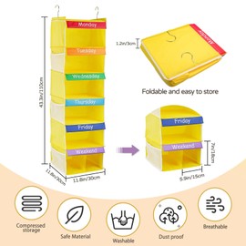 YOCOMEY 6-Shelf Weekly Closet Hanging Organizer for Kids, 7-Grid Days of The Week Baby Kids Clothing Organizer Monday Through Sunday, Foldable Oxford Cloth Closet Clothes Organizer Weekday (Yellow)