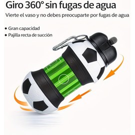 Botella de Agua Plegable con Diseño de Balón de Fútbol, de Silicona Grado Alimenticio, Antifugas, Portátil con Mosquetón, Resistente al Calor y Frío