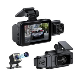3-Channel Car Dash Cam Wifi 1080p FHD 140° Wide Angle Front + 100° Inside Car + 100° Rear Night Vision WDR Motion Detection Gravity Sensor Loop Recording 3.0 Inch IPS Screen, Include 64G SD Card