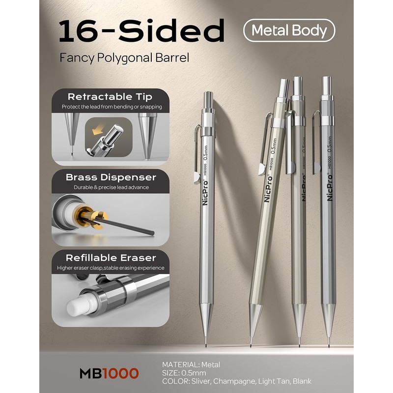Nicpro 4 Pack Mechanical Pencil 0.5 mm with Case, MB1000