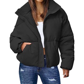 Wyeysyt Women's Winter Cropped Puffer Quilted Jacket Long Sleeve Warm Short Coats Stand Collar Jacket with Pockets(Black-M)