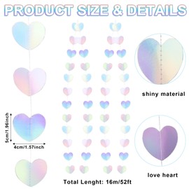 Muticolor Reflective Love Heart Streamer Garland, 52Ft Rustic Wedding Hanging Decoration, Hanging Paper Streamer Banner for Anniversary Bachelorette Engagement Bridal Shower Valentines Party Decor