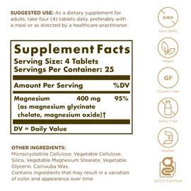 Solgar Chelated Magnesium - 100 Tablets - Supports Nerve & Muscle Function - Non-GMO, Vegan, Gluten Free, Dairy Free, Kosher - 25 Servings