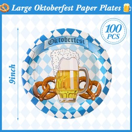 LemonRoad 100 Pcs Oktoberfest Party Supplies 9" Oktoberfest Party Plates Blue and White Flag Check Paper Plates Tableware Set for Decorations Favors