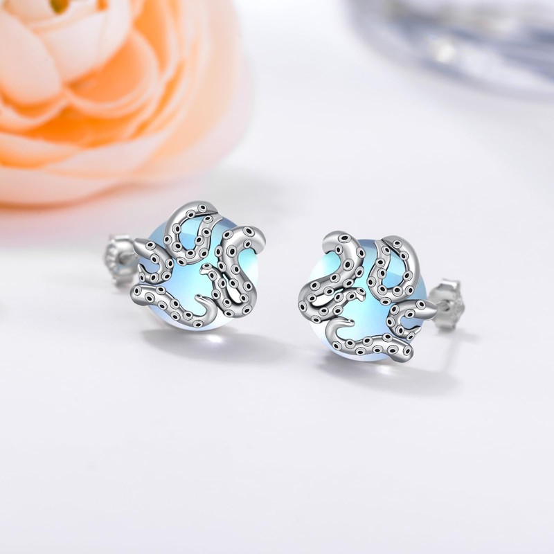 Octopus Earrings for Women, 925 Sterling Silver Moonstone Stud Earrings,