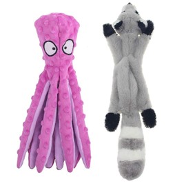 Squeaky Dog Toys for Small, Medium, and Large Pets, Cute Interactive Plush Dog Chew Toys, Purple Octopus and Raccoon, 2 Pack
