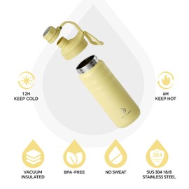 IDEUS Insulated Stainless Steel Water Bottle with 2 Leak-Proof Lids, Thermal Water Flask for Hiking Biking, 18oz, Light Yellow