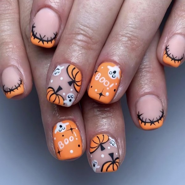 Halloween Press on Nails Short Square Fake Nails With Pumpkin