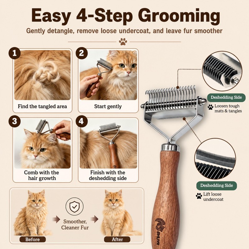 Cat Brush for Long Haired Cats, 2-in-1 Dematting Comb &