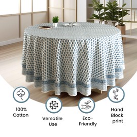 Cotton Print Club 'Apatite Blue' Block Print Tablecloth - Round Handmade Printed Cotton Table Cloth - Thanksgiving, Christmas, Fall Wedding Tablecloth - 6 Seater Round-90 Inches