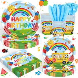 XueXiceili 120PCS Cartoon Melon Birthday Party Supplies for Boys and Girls 1st 2rd Birthday Party School Bus Rainbow Watermelon Tableware Set Napkin Cups Forks Knives for 20 Guests