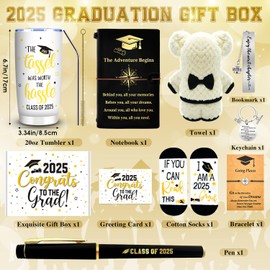 10 Pieces 2025 Graduation Gift Box Set, Class of 2025 Graduation Gift Basket with 20 Oz Tumbler, Socks, Bear Towel, Journal Notebook, Pen, Bookmark, Bracelet, Keychain for High School College Gifts