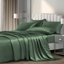 P Pothuiny 6 Pieces King Satin Sheets Luxury Silky Woodland Green Satin Bedding Sheet Set, 1 Deep Pocket Fitted Sheet + 1 Flat Sheet + 4 Pillow Cases