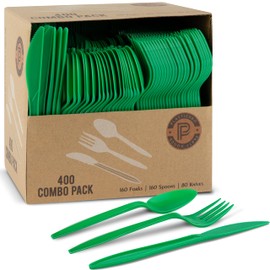 PLASTICPRO 400 Pack Disposable Christmass Green Cutlery Plastic Utensils Assorted Colored Cutlery Combo Set Forks Spoons Knives Silverware, Green Plastic Cutlery for Parties