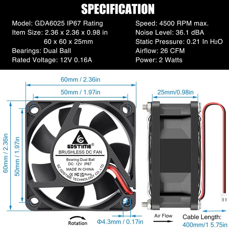 GDSTIME 60mm x 25mm 12V DC Waterproof IP67 Fan High