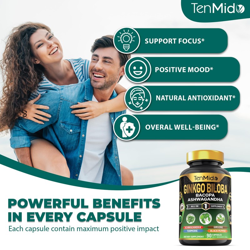 Tenmido Ginkgo Biloba Supplements - 6in1 with Bacopa, Ashwagandha, Turmeric,