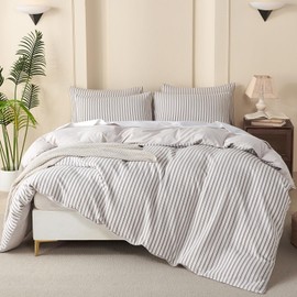 Comforter Queen Set Striped Grey 100% Soft Washed Microfiber Jacquard 3 Pieces Striped Bedding Sets Grey White Comforter Queen for All Seasons and 2 Pillowcases Comfort Breathable