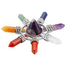 mookaitedecor Natural 7 Chakra Crystals Set Reiki Room Decor, Healing Crystal Chakra Gifts for Women Yoga Meditation Spiritual Gift Wiccan Witchcraft Gift Decor, Amethyst Pyramid & Tumbled Stones