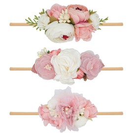 WNYUJOY Baby Girl Flower Headbands Set, 3pcs Elastic Nylon Floral Hair Band, Bows Wrap for Infant Newborn Toddler