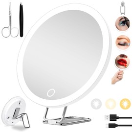 30x Magnifying Mirror with Light, Large 6" Lighted Makeup Mirror - 3 Color Modes Dimmable Light up Travel Makeup Mirror with 3 Suction Cups & Adjustable Stand - Rechargeable Magnifying Mirror (White)