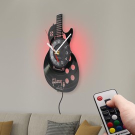 Timethink Acoustic Guitar 12" LED Vinyl Wall Clock 7 Colors Changing with Remote Control Musical Instrument Bedroom Wall Decor Vinyl Record Night Light Wall Clock Rock N Roll Music Gift for Men Cave