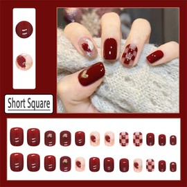 Burgundy Press on Nails Short Medium Square Fake Nails with Glitter Keyboard Design, Press ons Artificial Acrylic Full Cover False Stick on Nail for Women Daily Wear Wedding Manicure 24Pcs