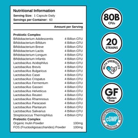 80 Billion CFU Probiotics - 20 Strains + Prebiotics | Digestive & Gut Health - for Good Gut Flora, Gas and Bloating | Scientifically Proven Probiotics for Women & Men | Made in The UK – 2 Month Supply