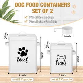 Teenyyou 2 Pcs Metal Dog Treat Containers with Airtight Lids and Spoon 7+3 Lbs Dog Food Snack Jars with DIY Labels Big Pet Cookie Storage Jar for Kitchen Counter (White)